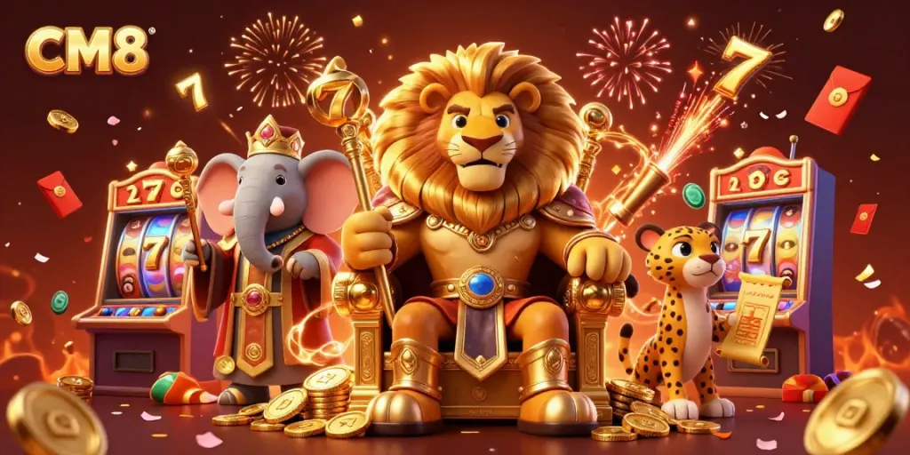 Experience the thrill of CM8 with a 3D casino scene featuring a lion king, wise elephant, and cheetah messenger.