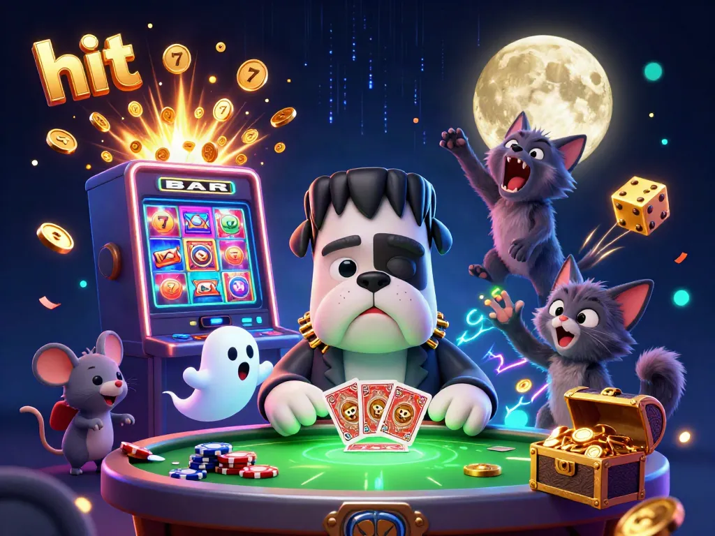 Hit casino scene with Frankenstein bulldog dealing cards amidst a jackpot explosion.