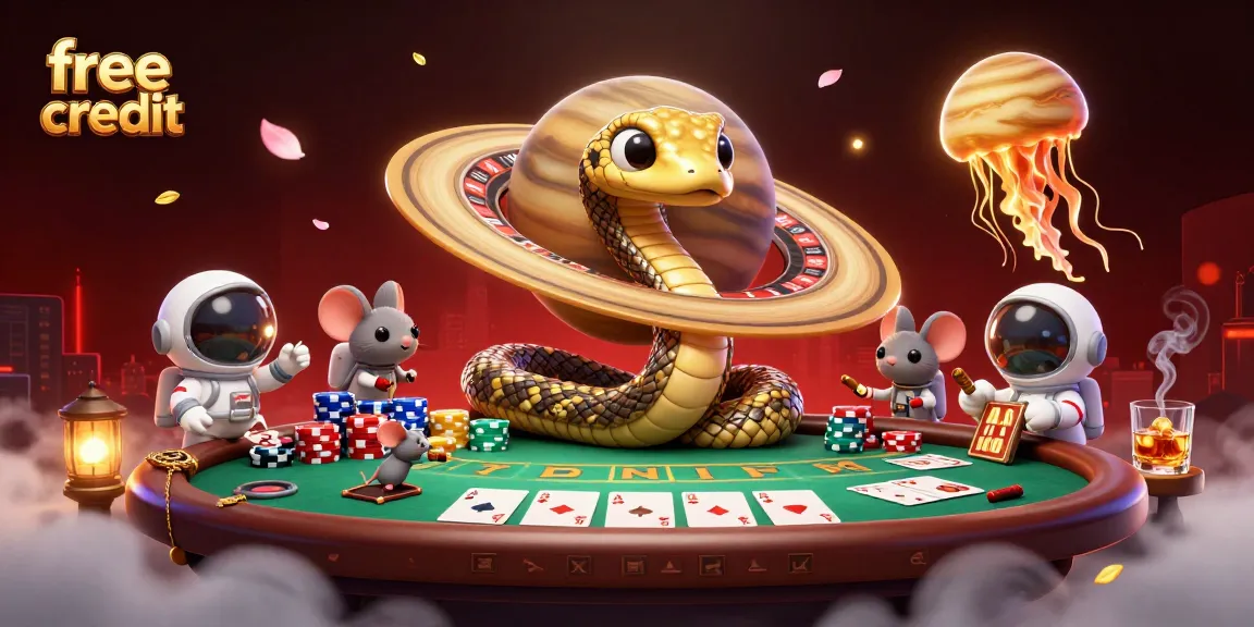 Engage with free credit offers at gambling tables, featuring a cosmic thematic dealer and vibrant poker elements.