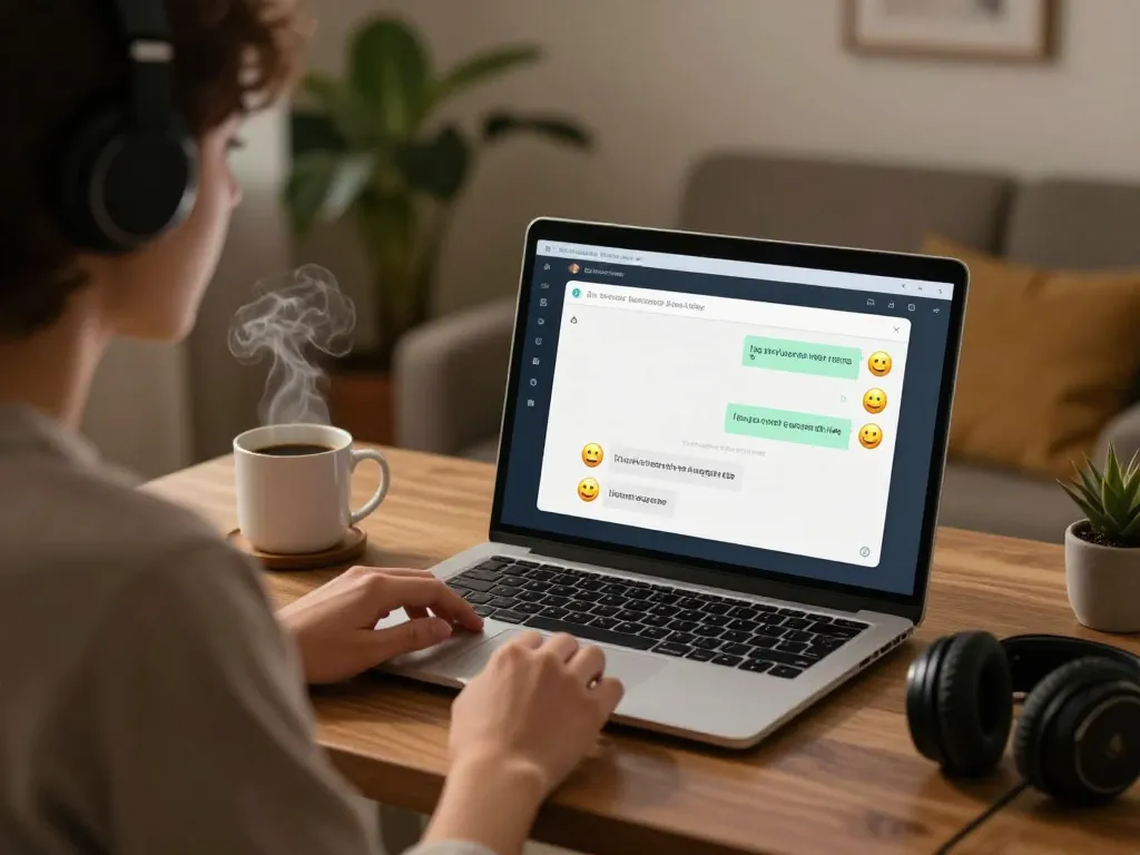 Engaging in ai sex chat with digital character in warm home workspace.