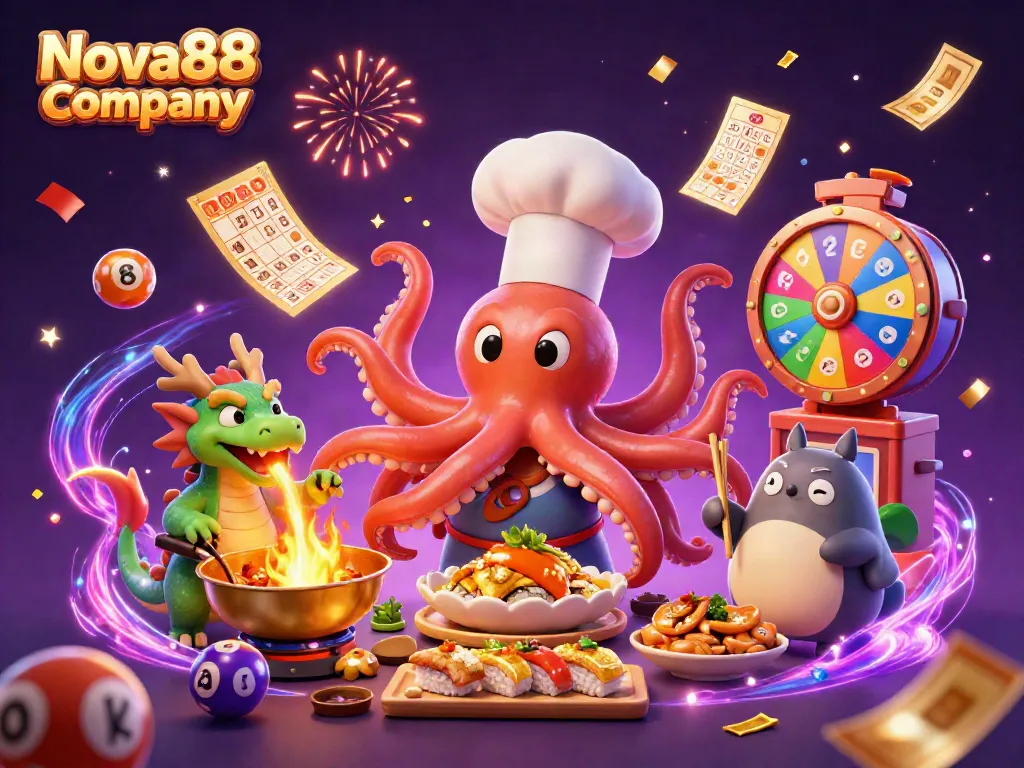 Engage in thrilling gameplay with Nova88 Company in a vibrant casino scene featuring dynamic characters.