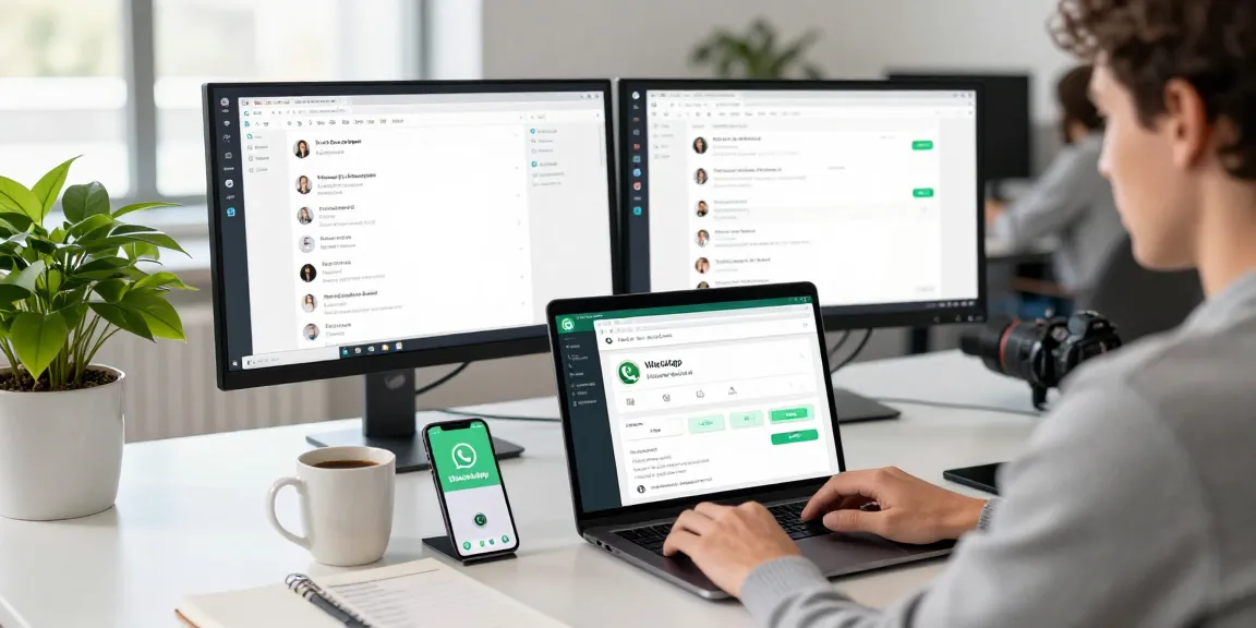 Person using WhatsApp電腦版 on a sleek laptop in a modern workspace