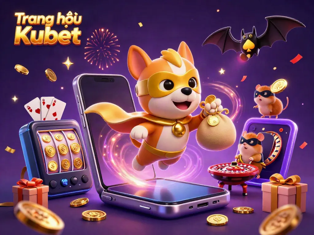 Experience excitement with Trang chủ Kubet as a superhero dog carries gold coins surrounded by gaming elements.