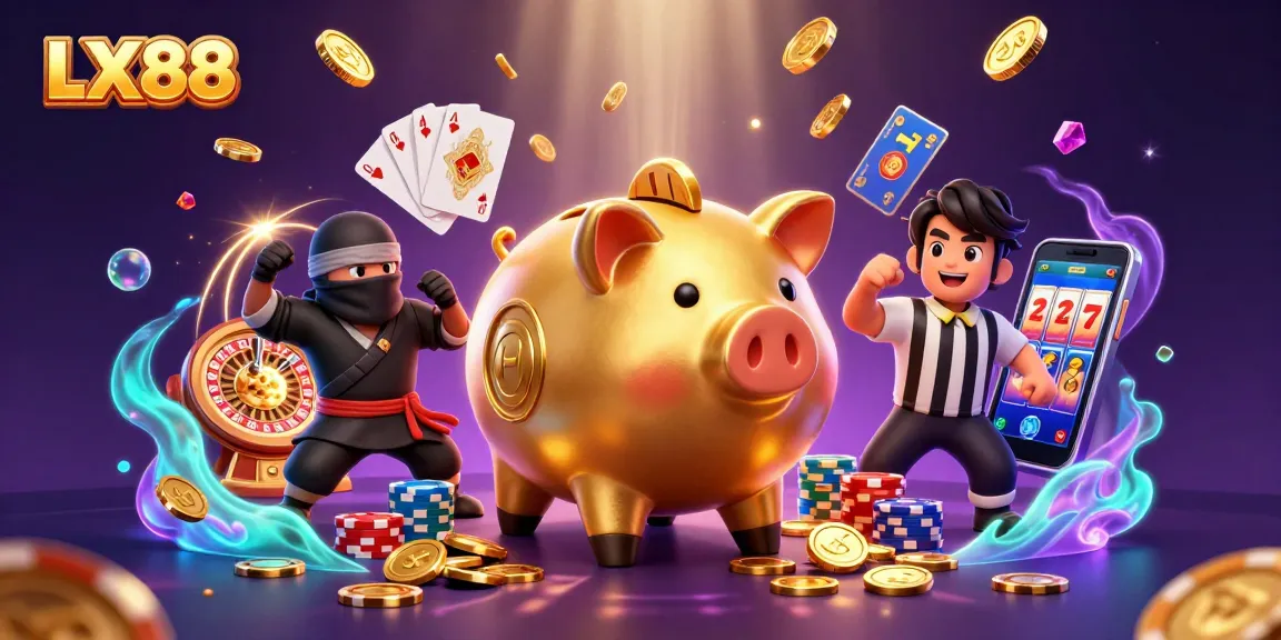 Experience the action of LX88 as a sumo piggy bank challenges a ninja in a vibrant casino scene.