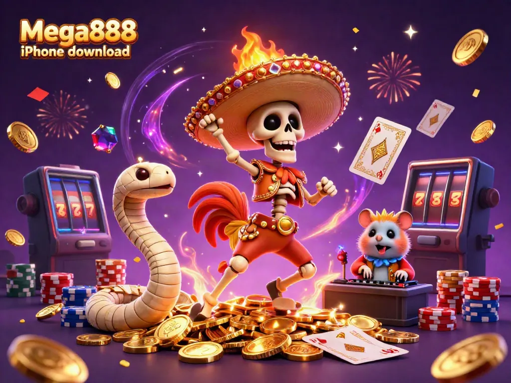 Celebrate with Mega888 iPhone download featuring vibrant characters and casino elements.