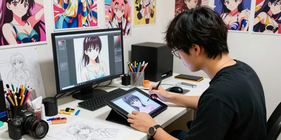 AI ecchi artist creating vibrant illustrations in a modern studio environment.