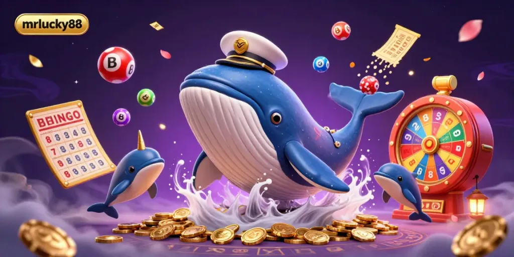Join the fun at mrlucky88 as a cartoon whale breaches through coins with a narwhal and dolphins playing poker.