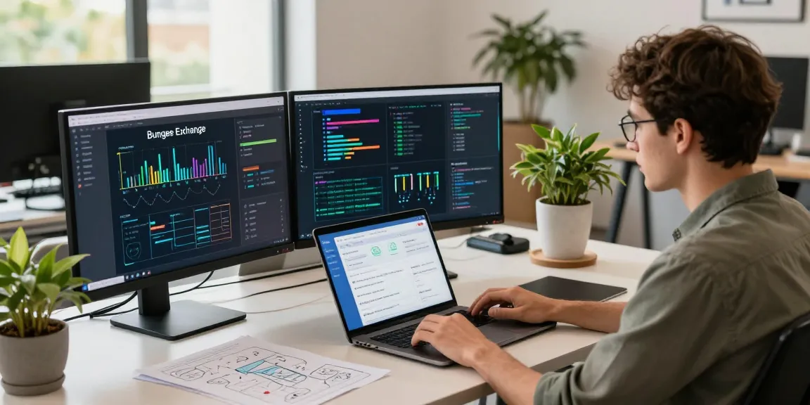 Bungeeexchange platform shown on multiple monitors in a bright tech workspace, highlighting modern blockchain integration.