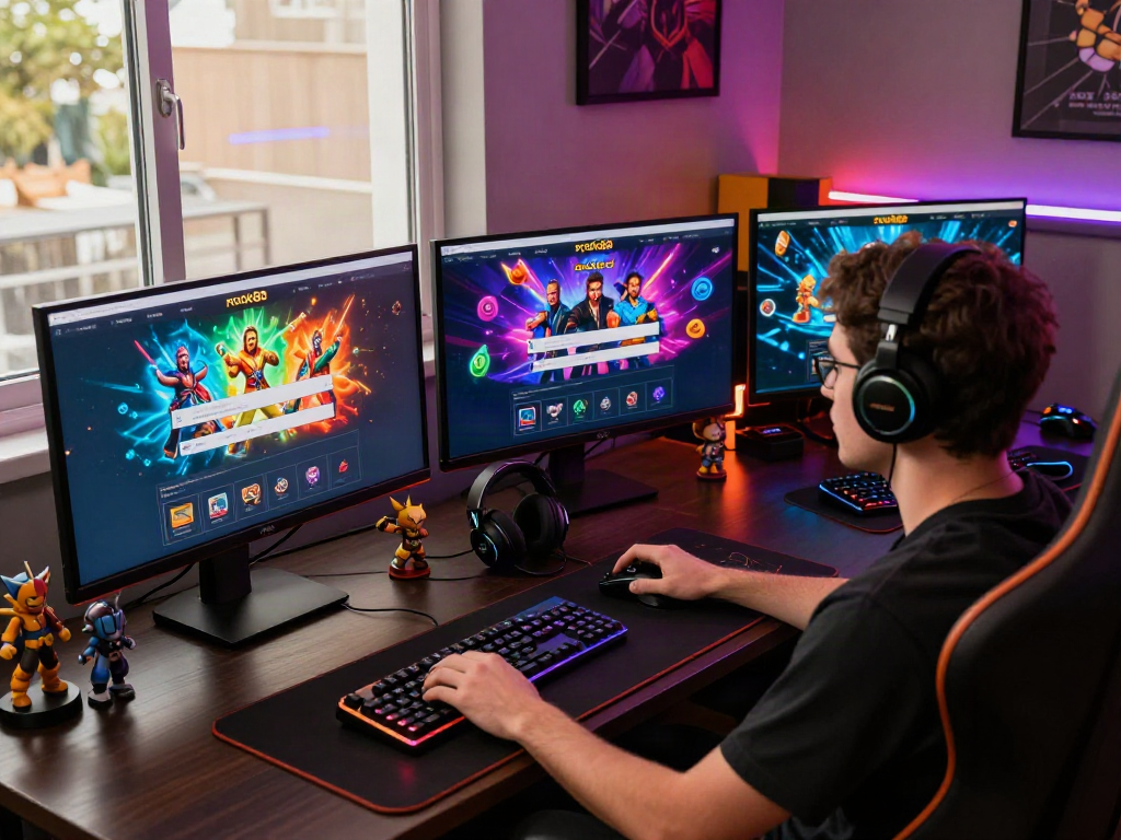 Engaging desktop scene with rokok88 login interface, gaming setup, and vibrant visuals for online casino enthusiasts.