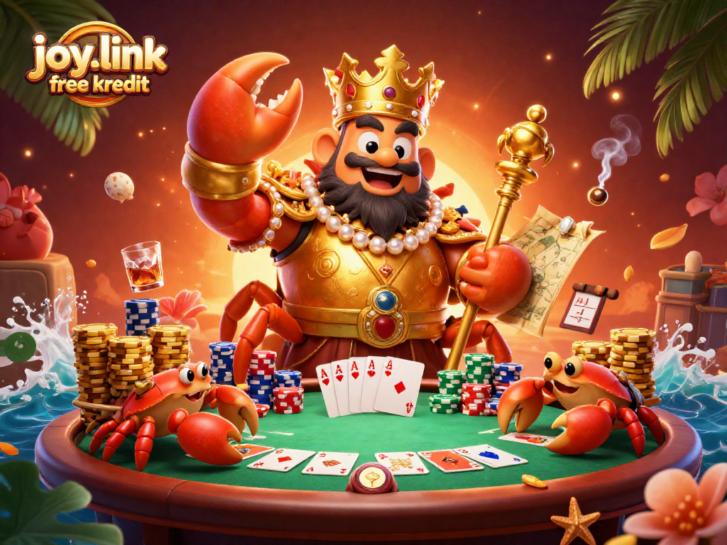 Engage with joy.link free kredit at a dazzling poker scene involving a golden crab emperor.