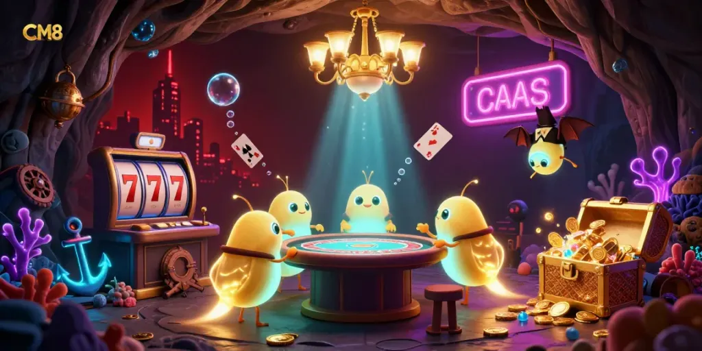 Experience thrilling gameplay at CM8's illuminated cave casino featuring vibrant glowworms and immersive elements.