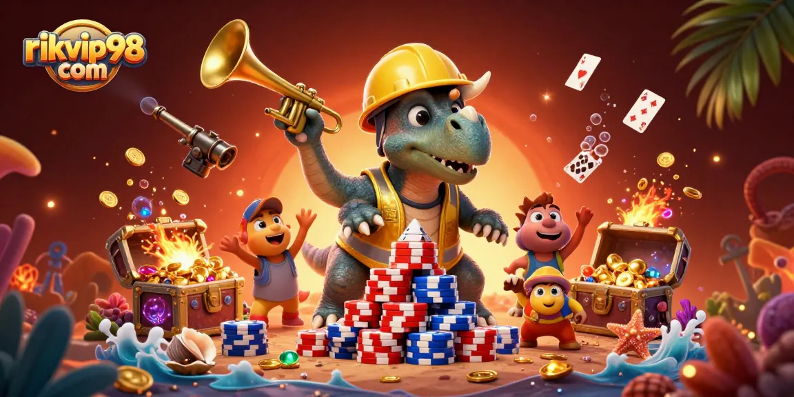 Engage with exciting games at rikvip98 com, as a triceratops celebrates while building a poker chip pyramid.