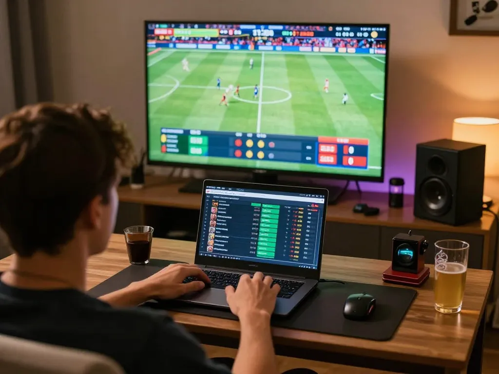 Engaging in keo nha cai sports betting with live match displays and active laptop.