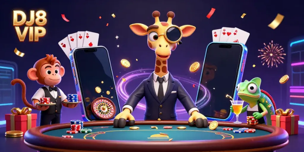 Experience excitement with DJ8 VIP gaming, featuring lively characters and casino elements.