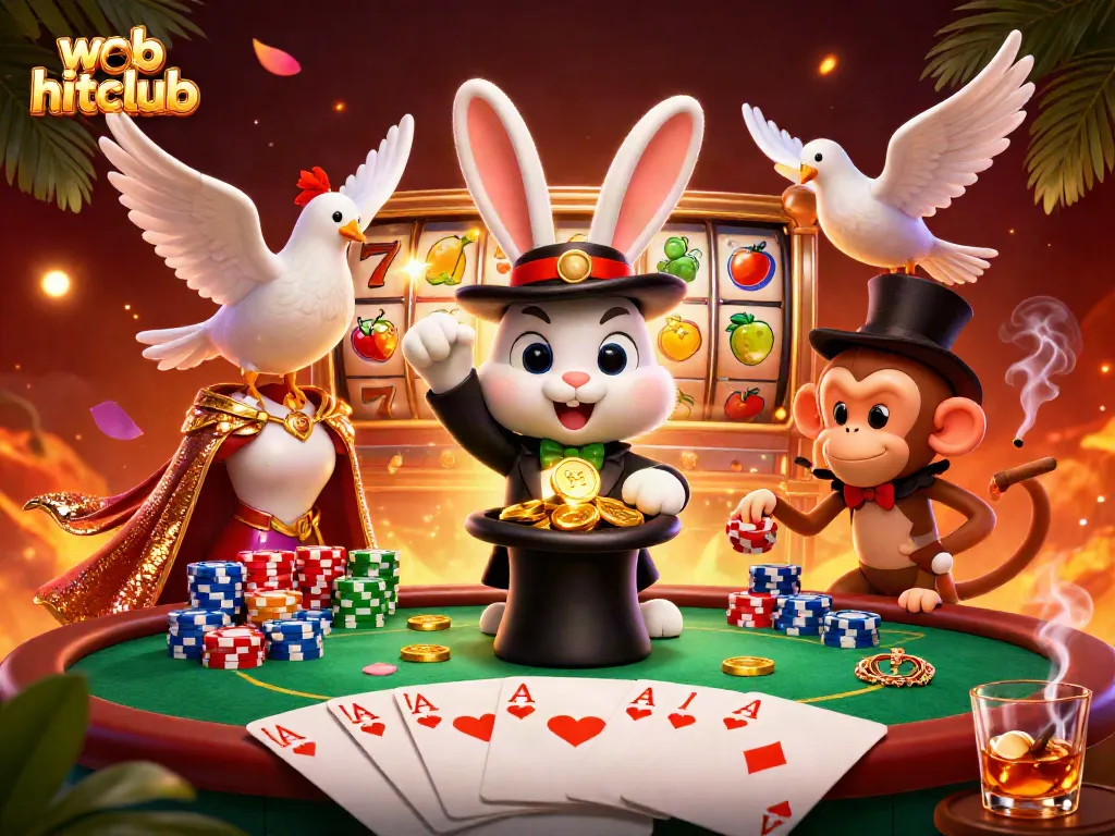Experience the excitement of web hitclub with a magician pulling coins, a dove in a sequined cape, and a monkey surrounded by vibrant casino elements.