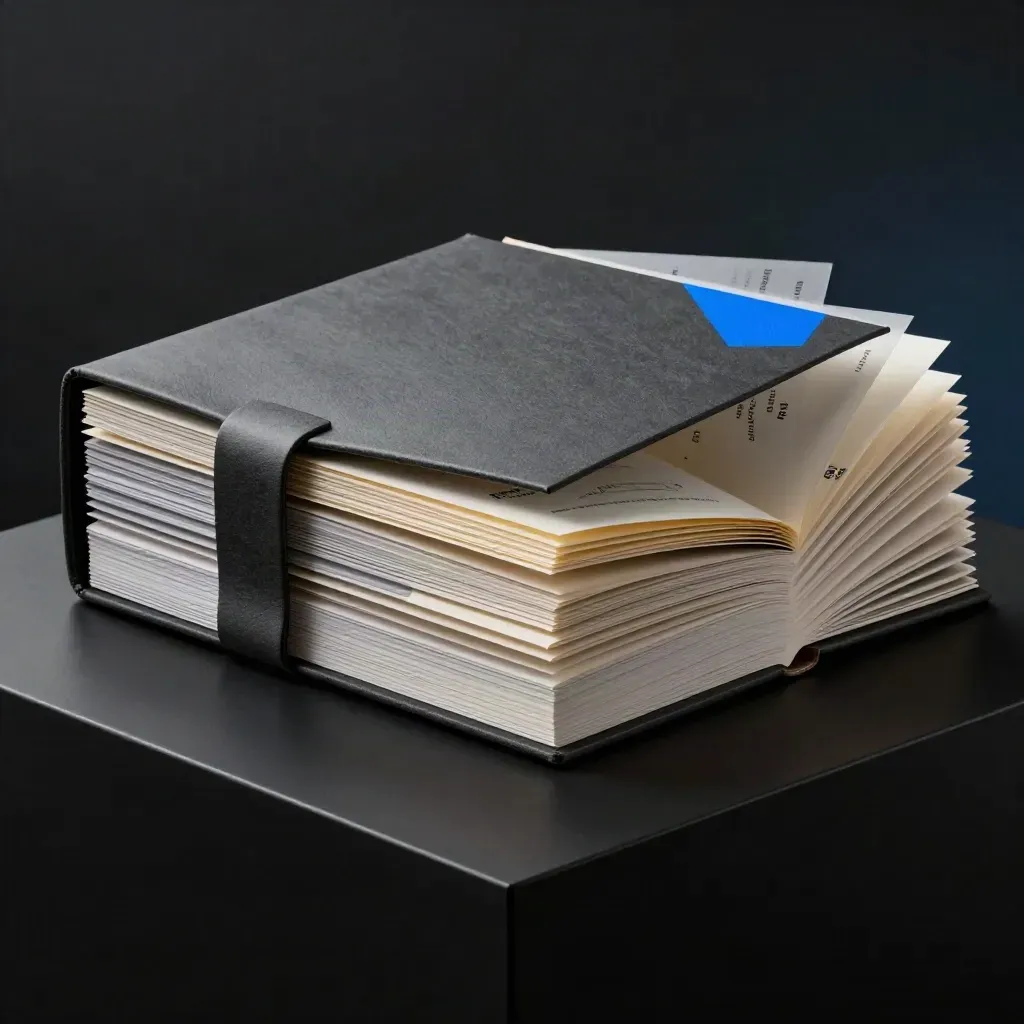 Folder pembentangan, nota bertab dan kad rujukan di atas plinth hitam dalam cahaya dramatik.