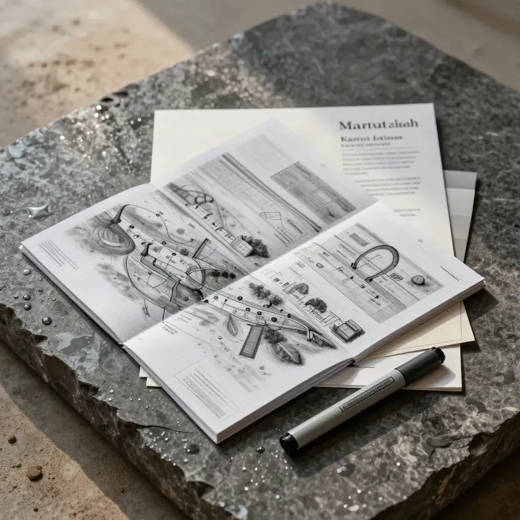 Flatlay bahan pelan pasaran di atas basalt basah dengan cahaya lembut.