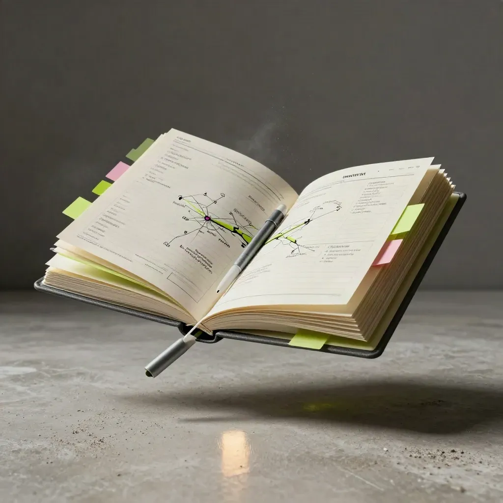 Kit peta pertumbuhan terapung dengan buku roadmap bertab dan pen marker di atas konkrit cerah.