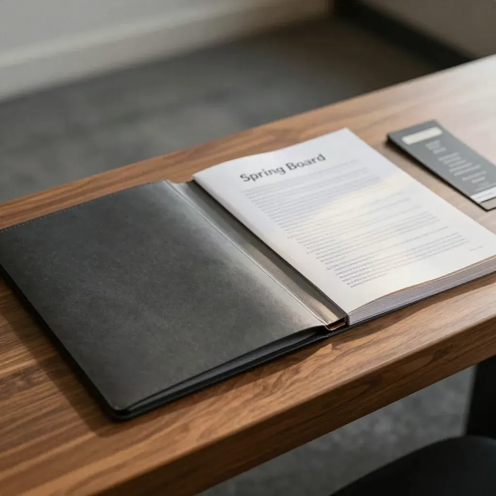Set latihan cerita pelabur di atas permukaan kayu walnut dengan folder tertutup dan kad kad latihan.