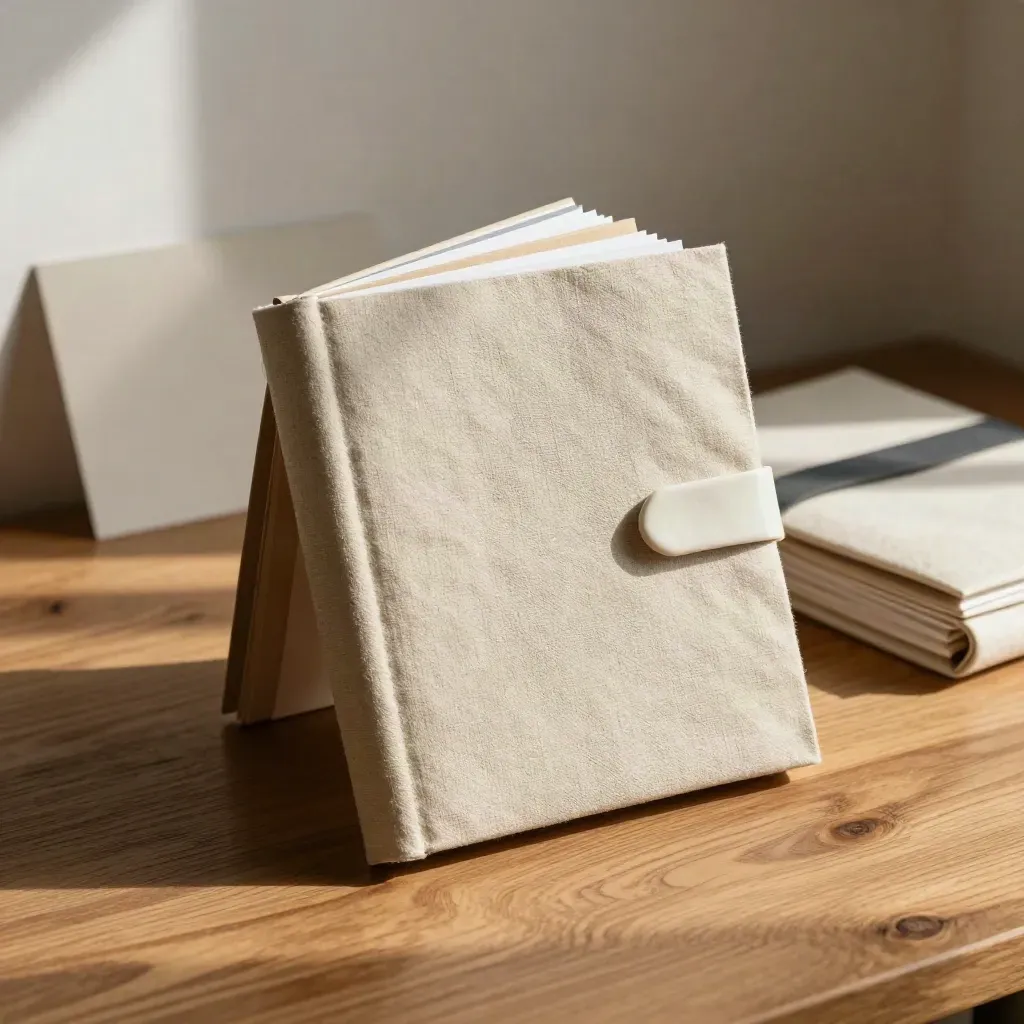 Pakej buku kerja jenama berbalut linen dengan klip seramik di atas kayu oak, disinari cahaya lembut.