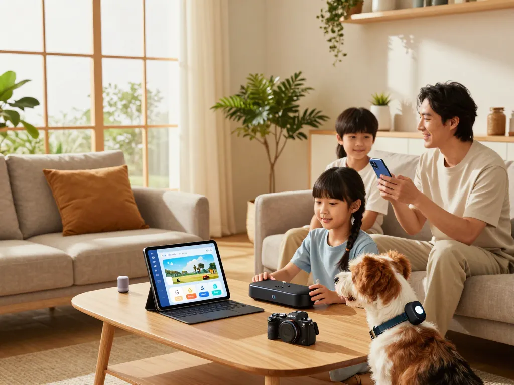 Family enjoying tech gadgets for home in a cozy living room with sunlight streaming in.