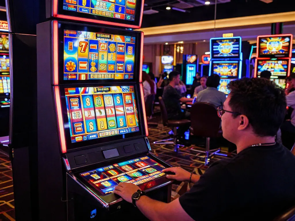 Player enjoying the rokok88 slot login experience at a vibrant casino environment.