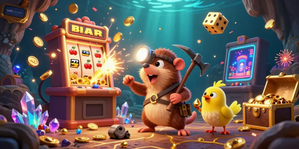 Experience thrilling gaming vibes on web sunwin with a vibrant 3D illustration of a treasure hunter mole amidst a jackpot explosion.