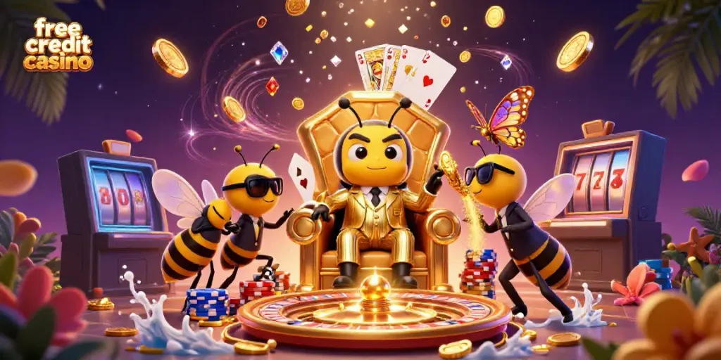 Engage with the free credit casino world in an exciting scene with characters and lively casino elements.