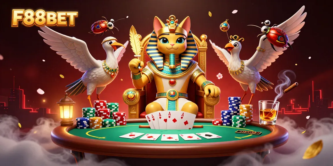 Win big at F88BET with stunning gameplay featuring an Egyptian pharaoh cat and poker elements.