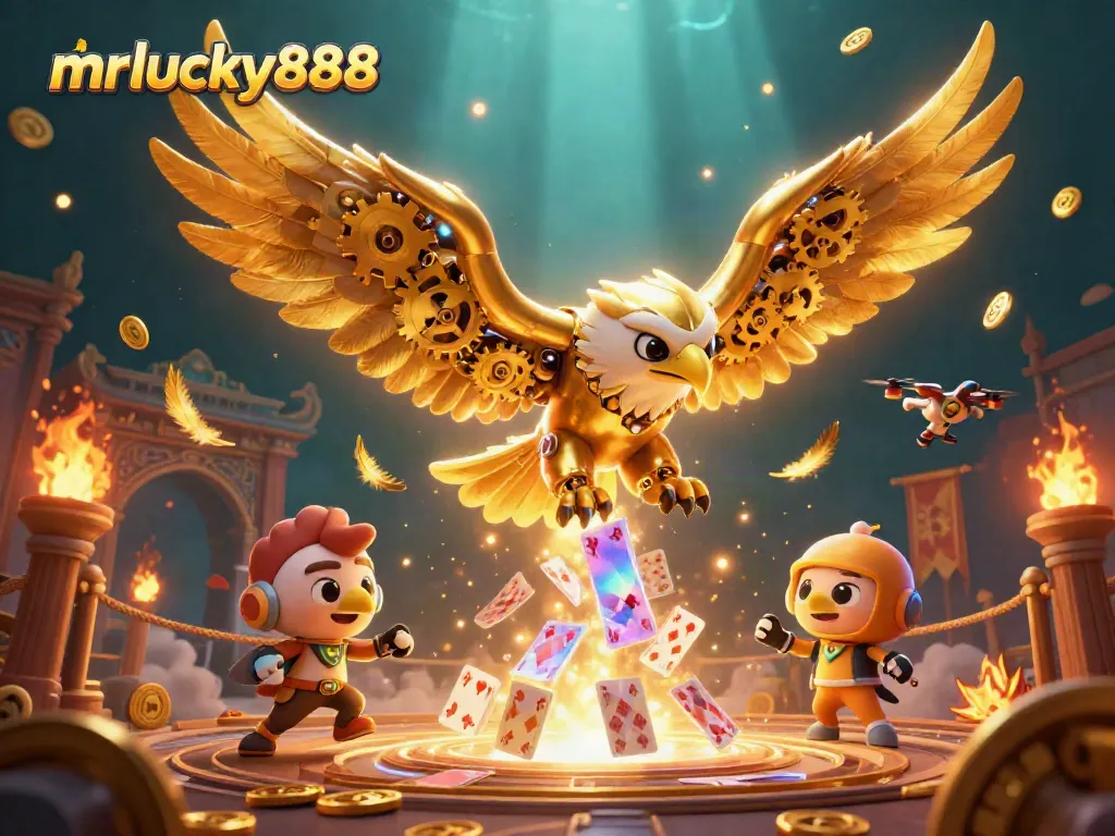 Experience the thrill of mrlucky888 as a golden eagle dives through vibrant holographic cards.