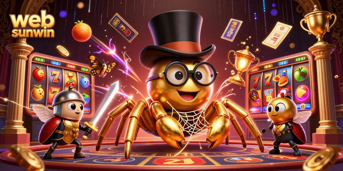Join the fun on web sunwin with a golden tarantula spinning casino threads amidst vibrant gaming elements.