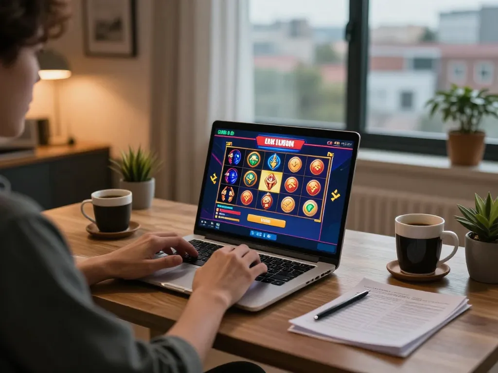 Engaging in m88 slot login at home gaming setup with laptop and cozy atmosphere.