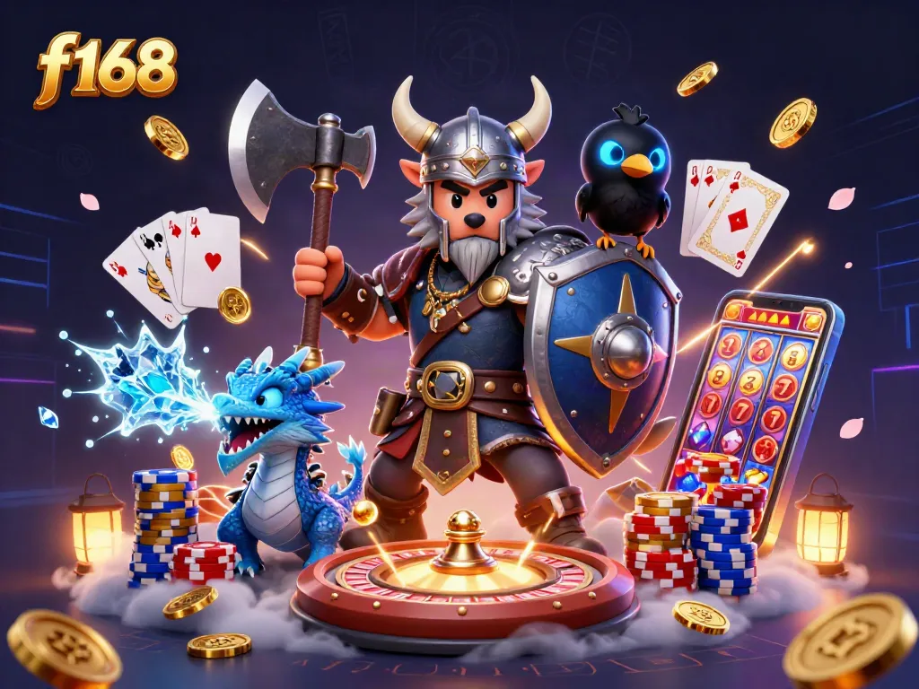 f168 warriors hit a jackpot with animated coins and cards amidst a vibrant casino scene