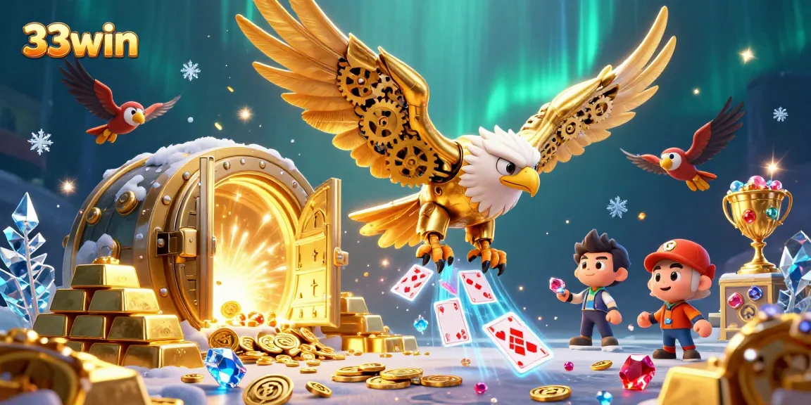 Experience excitement at 33win with a colorful array of holographic cards and gold treasures.