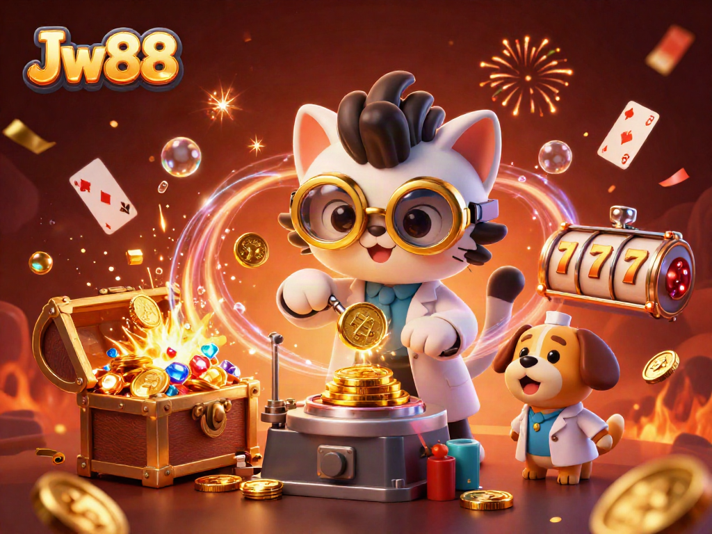 Experience the thrill of Jw88 with a captivating casino scene featuring gold coins and slot reels.