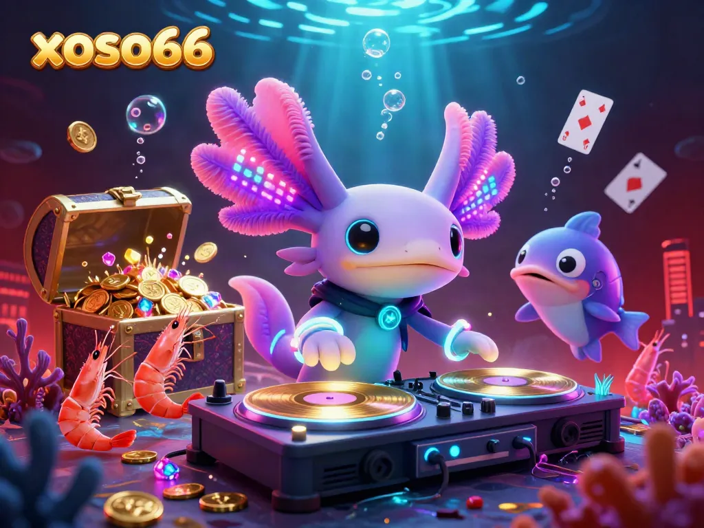 Experience vibrant underwater gambling fun with xoso66's neon characters and casino-themed treasures.