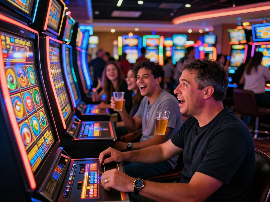 Player engaging at a slot machine during slot gacor malam ini, capturing excitement and vibrant casino atmosphere.