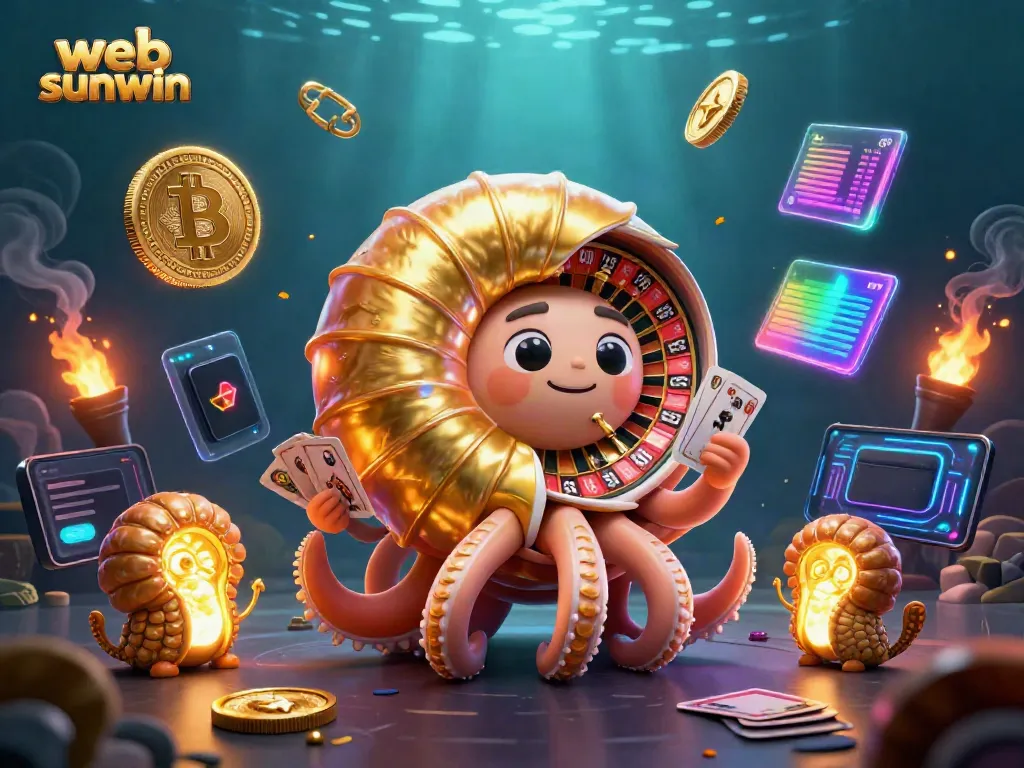 Experience vibrant online gaming with web sunwin featuring a giant nautilus roulette and glowing crypto elements.