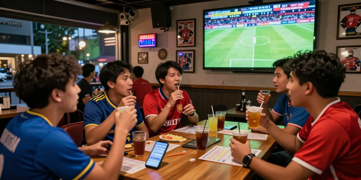Football Betting Malaysia scene with fans cheering at a sports bar during live match