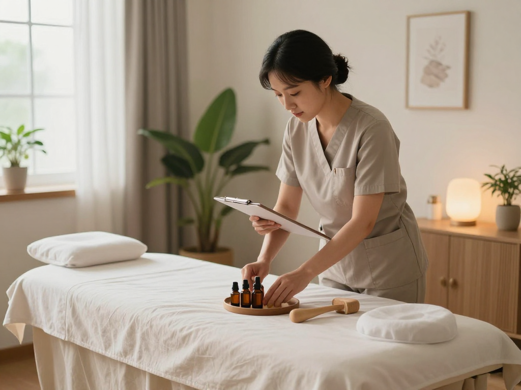 Experience a calming 마포출장마사지 in a cozy apartment with a professional therapist preparing soothing oils and tools.