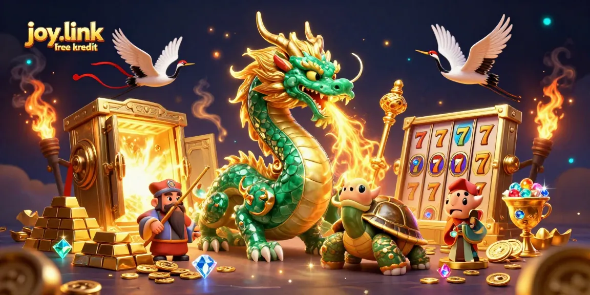 Experience the thrill of joy.link free kredit with a vibrant dragon and lucky symbols amidst riches.