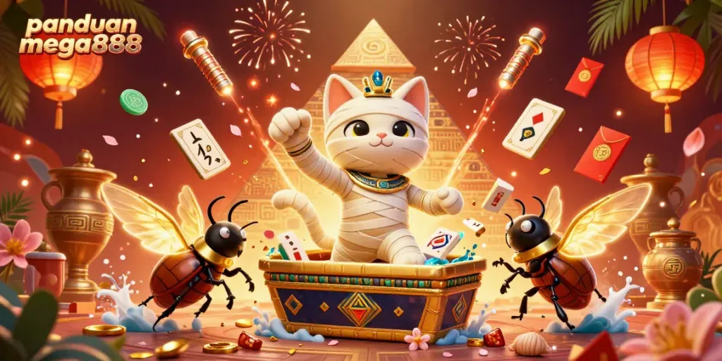 Experience the thrill of panduan mega888 with a vibrant 3D pyramid casino scene featuring characters and festive elements.