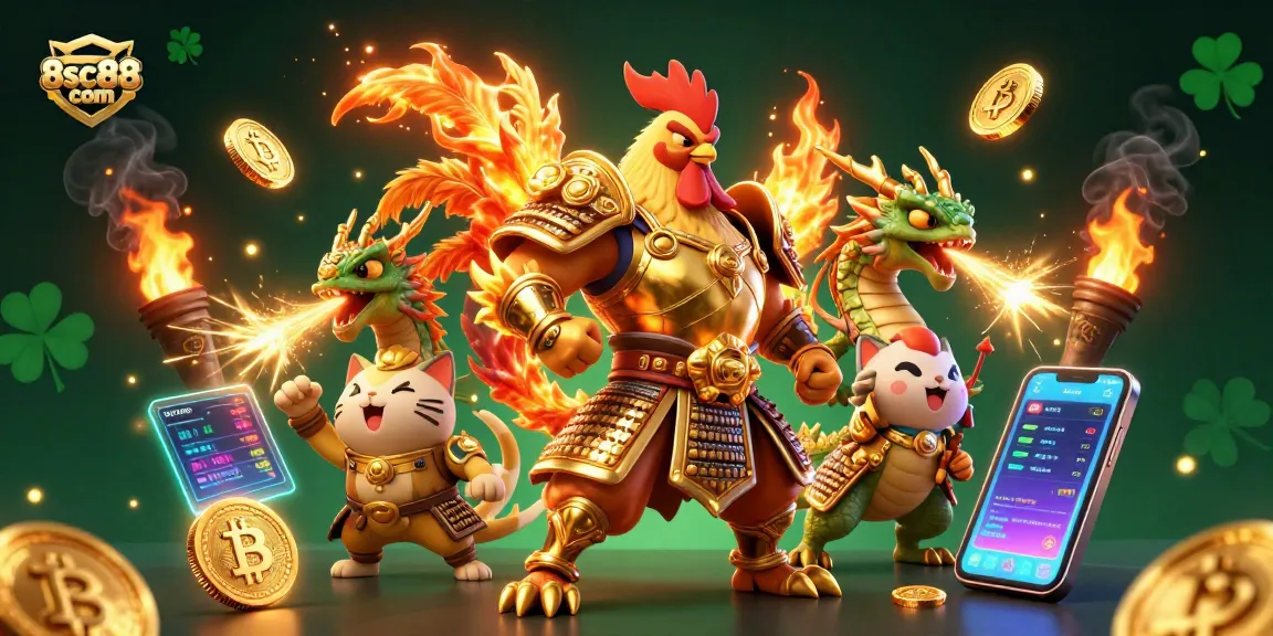 Engaging 8sc88 com illustration showcasing a courageous rooster warrior amidst glowing cryptocurrencies and casino excitement.